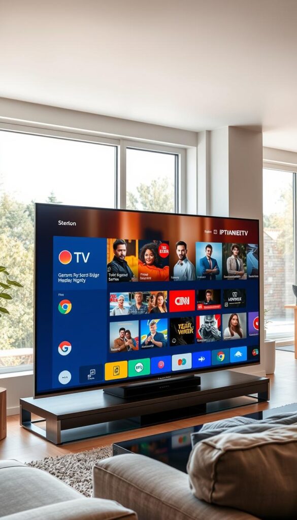 A high-quality, modern smart TV displaying a vibrant, user-friendly interface showcasing various German TV series on a streaming IPTV service. The screen features the prominent IPTVANBIETERTV brand logo in the top corner, with sleek icons and intuitive navigation controls. The TV is positioned in a bright, airy living room setting, with comfortable furniture and natural lighting filtering in through large windows. The overall atmosphere conveys a sense of entertainment, relaxation, and easy access to a wide range of German content across multiple devices.