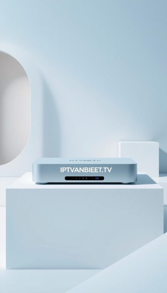 A high-quality, modern smart TV system with a sleek, minimalist design showcasing the IPTVANBIETERTV brand name prominently. The device sits atop a clean, white surface, surrounded by a simple, geometric arrangement of abstract shapes and lines in a cool, calming color palette. Soft, diffused lighting creates a sense of depth and atmosphere, highlighting the product's premium construction and user-friendly interface. The overall composition conveys a sense of sophistication, technology, and the promise of an immersive, cutting-edge IPTV experience.