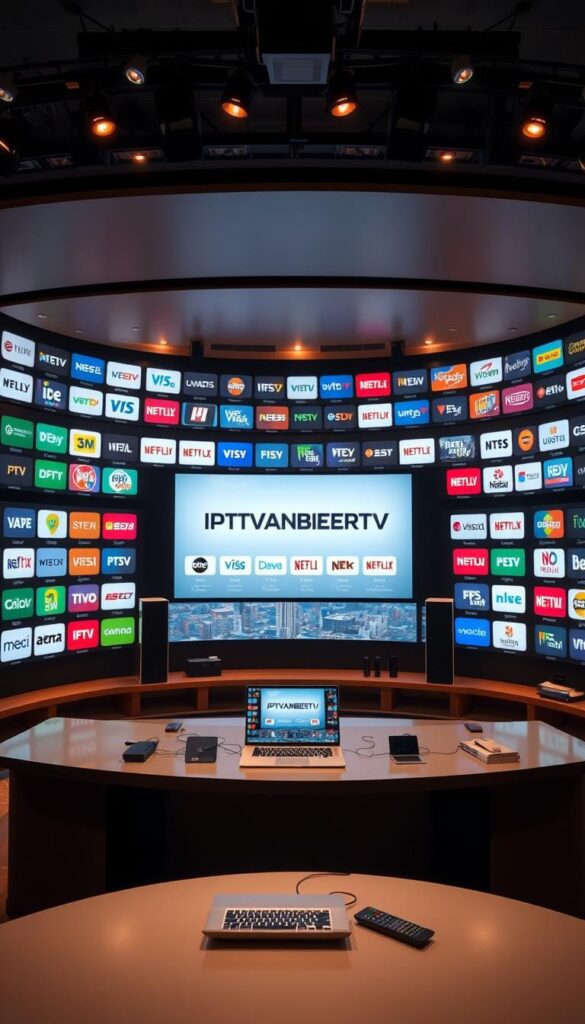 A high-quality, modern television studio setting with sleek equipment and an expansive array of IPTV channel logos displayed on large, curved screens. The scene is bathed in warm, soft lighting, creating a professional and inviting atmosphere. At the center, a prominent display showcases the IPTVANBIETERTV brand name, surrounded by various IPTV packages and subscription options. The foreground features a sophisticated, minimalist desk with a laptop, remote control, and other relevant accessories. The background depicts a cityscape or landscape through floor-to-ceiling windows, suggesting a sense of scale and prestige. The overall composition conveys a comprehensive, feature-rich IPTV service with a wide range of channels and a seamless user experience.