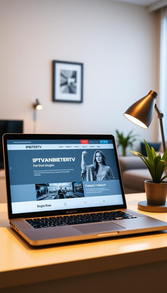 A high-quality, modern website featuring the IPTVANBIETERTV brand logo, showcasing a sleek, minimalist design in shades of blue and grey. The layout is well-structured, highlighting key features and benefits of the IPTV service. The overall impression is one of professionalism, reliability, and trustworthiness. The website is displayed on a laptop screen, set against a background of a comfortable, contemporary home office space, bathed in warm, diffused lighting. The laptop is positioned on a clean, uncluttered desk, alongside a stylish desk lamp and a potted plant, creating a calming, productive atmosphere.