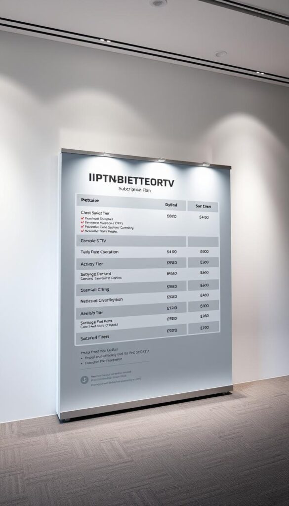 A high-quality photograph of a sleek and modern IPTV subscription plan display, showcasing various IPTVANBIETERTV service options. The display features a clean, minimalist design with a grey and white color scheme, allowing the different subscription tiers and pricing to be the focal point. The display is captured in a well-lit, professional studio setting with soft, directional lighting that creates depth and highlights the key details. The image has a sophisticated, tech-forward atmosphere, conveying the reliable and comprehensive nature of the IPTVANBIETERTV service.