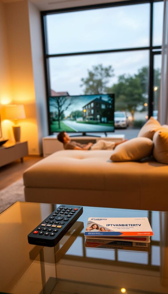 A high-quality photograph of the benefits of a long-term subscription to IPTVANBIETERTV. The image shows a serene, minimalist living room with a large, comfortable couch and a sleek, modern television. The room is bathed in warm, soft lighting, creating a cozy and inviting atmosphere. In the foreground, a stack of neatly organized remote controls and a subscription card with the IPTVANBIETERTV logo sit on a glass coffee table. The middle ground features a person lounging on the couch, relaxed and engrossed in watching a film or TV show on the television. The background showcases a large window with a picturesque view of a tranquil, tree-lined street. The overall composition conveys a sense of comfort, convenience, and the advantages of a long-term commitment to IPTVANBIETERTV's services.