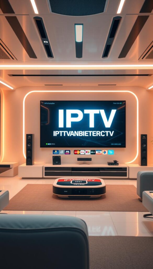 A high-quality, photorealistic image of "IPTV Deutschland" with a modern and sleek design, showcasing the IPTV service's capabilities and the availability of German TV channels. The image should feature a clean, minimalist layout with a prominent display of the IPTVANBIETERTV brand name in a bold, modern typeface. The background should depict a futuristic, tech-savvy environment, such as a high-tech control room or a sleek, contemporary living room setting, to convey the advanced nature of the IPTV service. The image should have a crisp, sharp focus, with warm lighting and a neutral color palette to create a professional and trustworthy atmosphere. The overall composition should be balanced and visually appealing, drawing the viewer's attention to the core features of the IPTV service.
