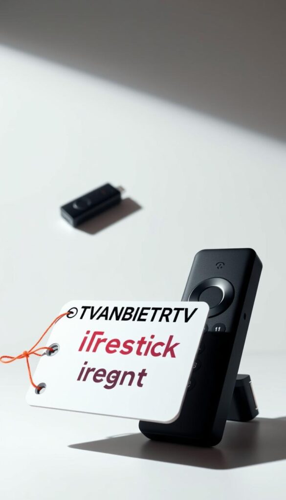 A high-quality, photorealistic image of a Firestick media streaming device prominently displayed on a minimalist white background. The Firestick is illuminated from the side, casting soft shadows that accentuate its sleek, modern design. In the foreground, a floating price tag displays the text "IPTVANBIETERTV IPTV Firestick Angebot Preise" in a bold, legible font. The overall composition conveys a sense of simplicity, focus, and premium quality, aligning with the article's subject matter.