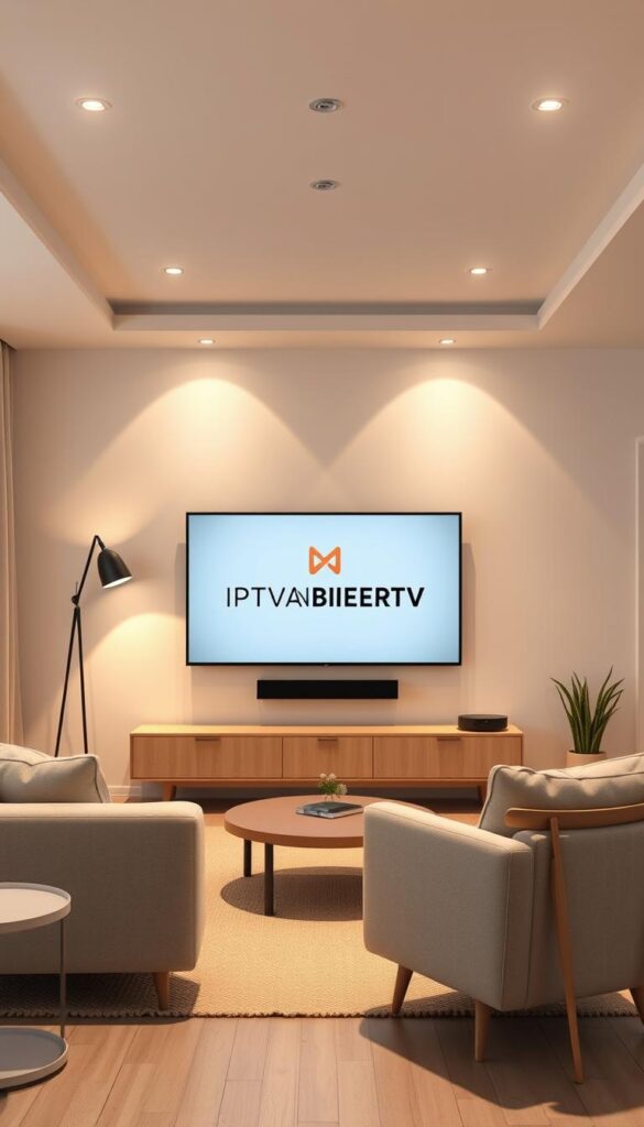 A high-quality, photorealistic image of a modern living room interior with a large television screen displaying the IPTVANBIETERTV logo and interface. Soft, warm lighting from a standing lamp and recessed ceiling fixtures creates a cozy, inviting atmosphere. The room features minimalist Scandinavian-inspired decor with clean lines, light wood tones, and neutral textiles. A comfortable sofa and armchair are positioned facing the TV, suggesting a space for relaxation and entertainment. The overall scene conveys a sense of simplicity, technology, and domestic comfort.