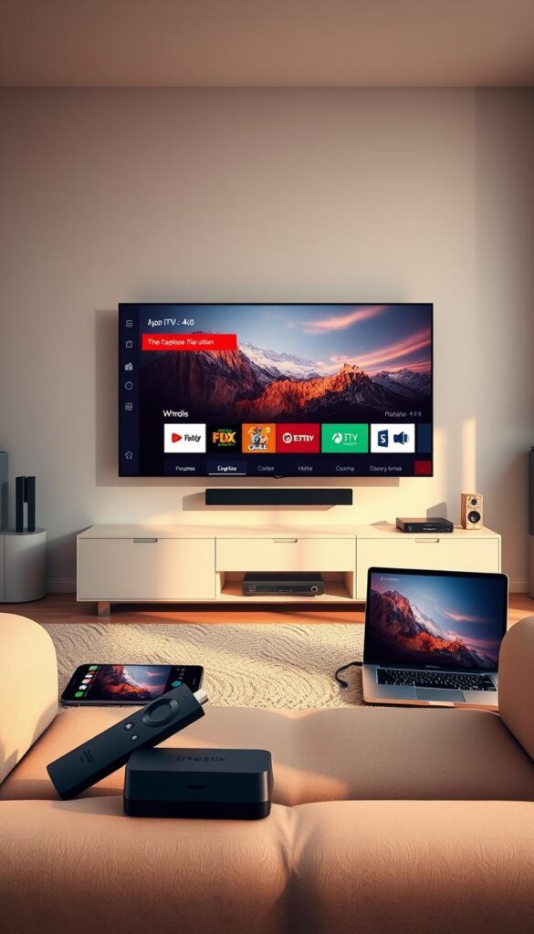 A high-quality, photorealistic image of a modern, multi-device IPTV setup. The scene depicts a living room environment with a large 4K TV screen in the center, surrounded by various smart devices such as a Firestick, smartphone, tablet, and laptop. The devices are neatly arranged, showcasing their connectivity and compatibility with the IPTVANBIETERTV IPTV service. The lighting is warm and natural, creating a cozy and inviting atmosphere. The room is minimalist in design, with clean lines and neutral tones, allowing the technology to take center stage. The overall composition emphasizes the versatility and convenience of the IPTV system, making it an ideal solution for home entertainment across multiple devices.