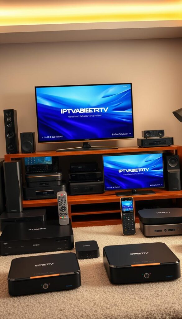 A high-quality, photorealistic image of a variety of modern IPTV streaming devices, including smart TVs, set-top boxes, and mobile devices, arranged in a stylish, organized display. The devices should showcase the IPTVANBIETERTV brand prominently, with sleek, minimalist design elements that convey a sense of versatility and flexibility. The scene should be well-lit, with a warm, inviting color palette and soft shadows to accentuate the devices' features. The composition should be balanced and visually appealing, capturing the essence of "Gerätekompatibilität - Flexibles Fernsehen auf allen Endgeräten".