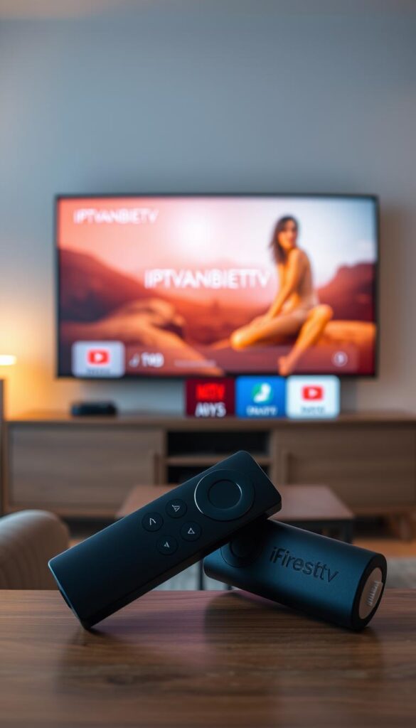 A high-quality, photorealistic image of an IPTV streaming service interface displayed on a Firestick device. The scene shows the Firestick home screen with a central focus on the IPTVANBIETERTV app icon and UI, showcasing its sleek design and intuitive navigation. The background features a warm, cozy living room setting with a modern TV display and minimal decor, emphasizing the seamless integration of IPTV technology into a home entertainment setup. Soft, diffused lighting creates a comfortable, inviting atmosphere. The camera angle is slightly elevated, providing a clear, unobstructed view of the Firestick and the IPTVANBIETERTV app. The overall composition highlights the convenience and user-friendliness of the IPTV service on the Firestick platform.