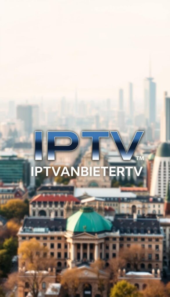 A high-quality, professional image of the "IPTV Provider Deutschland" logo, showcasing a sleek and modern design. The logo should be the focal point, rendered in a clean, minimalist style with a subtle gradient or metallic sheen to convey a sense of quality and reliability. The background should be a neutral, slightly blurred cityscape of a major German city, such as Berlin or Munich, with a few iconic landmarks visible in the distance to establish the geographical context. The lighting should be soft and diffused, creating a warm, inviting atmosphere. The overall composition should be well-balanced and visually appealing, drawing the viewer's attention to the IPTV Provider Deutschland brand name, which should be prominently displayed as "IPTVANBIETERTV".
