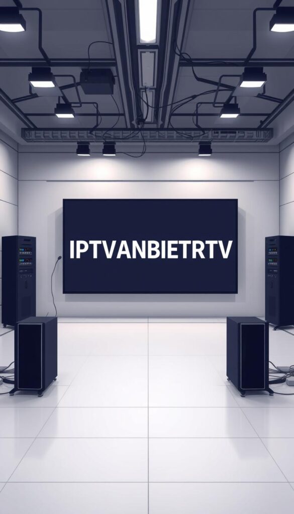 A high-quality, professional-looking illustration of an IPTV sender in Deutschland. Set in a sleek, modern studio environment with clean lines, muted colors, and subtle lighting. In the foreground, a central focus on the "IPTVANBIETERTV" brand name displayed prominently on a large screen or display. In the background, a sense of technical sophistication with visible cables, servers, and digital equipment. The overall atmosphere should convey a sense of reliability, legality, and regulatory compliance for IPTV services in Germany.