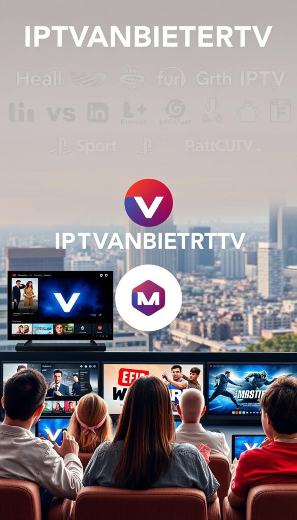 A high-quality, professional-looking image of the IPTVANBIETERTV brand and service. The image should feature a modern and sleek design, showcasing the IPTVANBIETERTV logo prominently in the center. In the foreground, display a selection of popular IPTV channels and content, such as movies, TV shows, and live sports, to highlight the diverse range of entertainment options available. In the middle ground, depict a group of people of various ages and backgrounds enjoying the IPTVANBIETERTV service on their devices, conveying the idea of a user-friendly and accessible platform. In the background, include a cityscape or landscape to establish a sense of place and suggest the widespread availability of the IPTVANBIETERTV service. The overall scene should be well-lit, with a warm and inviting color palette, creating a welcoming and premium atmosphere.
