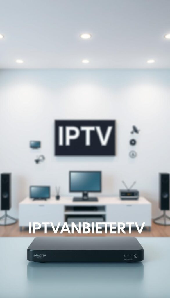 A high-quality, professional-looking image of the "IPTVANBIETERTV" brand, showcasing its reliability and affordability as the best IPTV provider in Germany. The image should depict a modern, minimalist design with a clean, crisp aesthetic. The foreground should feature the "IPTVANBIETERTV" logo prominently displayed, with a sleek, premium appearance. The middle ground should showcase various IPTV-related icons, such as TV screens, streaming devices, and satellite dishes, all arranged in a visually appealing manner. The background should have a soft, blurred effect, creating a sense of depth and emphasizing the focus on the brand. The overall mood should convey a sense of trust, efficiency, and value, reflecting the subject's positioning as a reliable and affordable IPTV provider in Germany.
