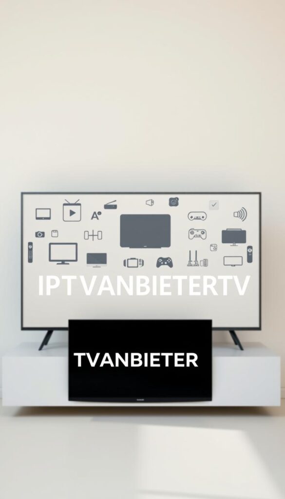 A high-quality, professional-looking image of the "IPTVANBIETERTV" brand, showcasing the leading IPTV provider in Germany. The image should feature a sleek, modern design with a clean, minimalist aesthetic. The foreground should prominently display the "IPTVANBIETERTV" logo, rendered in a bold, eye-catching typeface. The middle ground should depict various IPTV-related icons, such as TV screens, remote controls, and streaming devices, conveying the comprehensive nature of the provider's services. The background should be a soft, neutral gradient, lending a sense of sophistication and elegance to the overall composition. The lighting should be soft and diffused, creating a warm, inviting atmosphere. The camera angle should be slightly elevated, giving the image a polished, authoritative feel. The overall mood should be one of professionalism, reliability, and technological innovation.