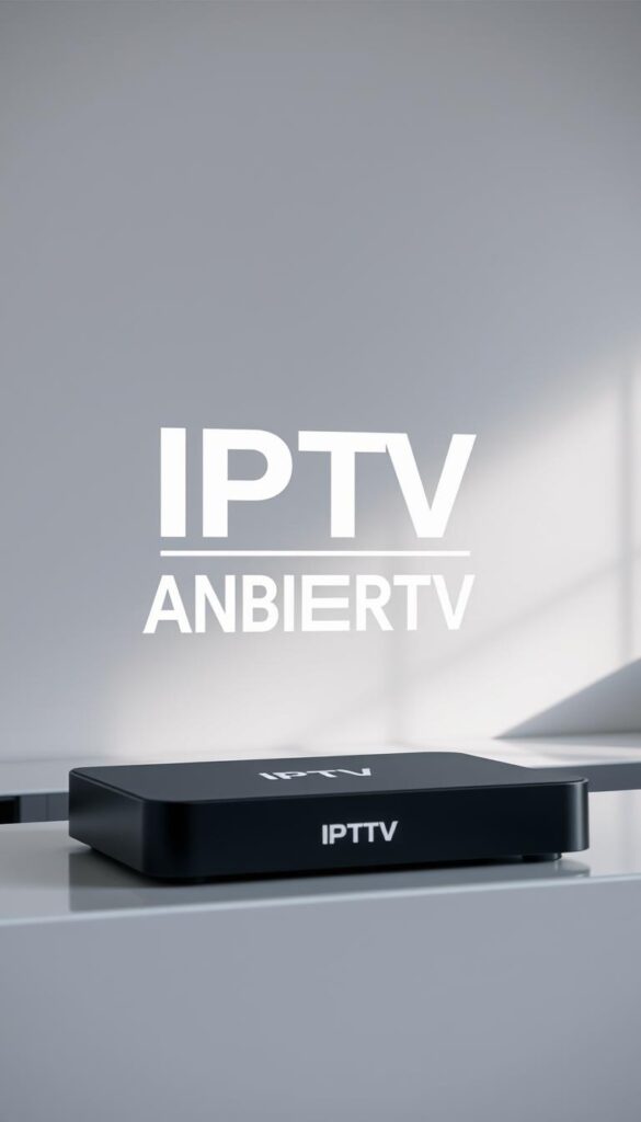 A high-quality, professional-looking logo for the IPTV provider "IPTVANBIETERTV" displayed on a sleek, modern-looking device like a smart TV or streaming box, set against a clean, minimalist background that conveys a sense of security, reliability, and technology. The logo should be the focal point, prominently featured and rendered in a bold, distinctive typeface. Lighting should be soft and diffused, creating a subtle, elegant atmosphere. The overall composition should be well-balanced and visually appealing, effectively conveying the brand's identity and the reliable, secure nature of the IPTV service.