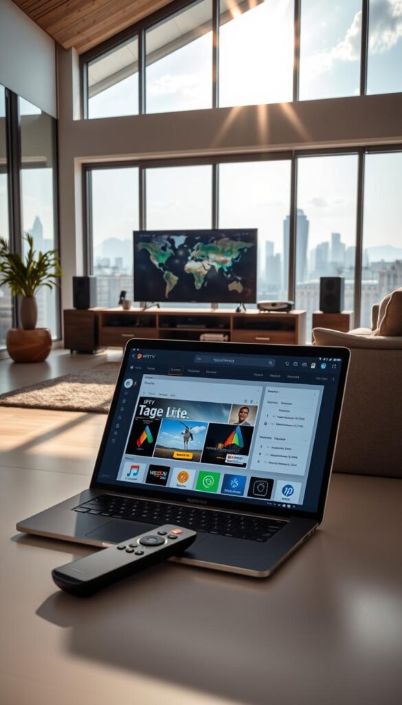 A high-quality, professionally shot image of "IPTV Verfügbarkeit" showcasing the IPTVANBIETERTV brand. Set in a modern, minimalist interior with abundant natural light streaming through large windows. The foreground features a laptop computer displaying an IPTV service dashboard, with a sleek remote control in the foreground. The middle ground showcases a stylish entertainment center housing various IPTV streaming devices. The background depicts a panoramic city skyline view, hinting at the widespread availability and accessibility of IPTV services. The overall scene conveys a sense of technological sophistication, connectivity, and the convenience of modern IPTV solutions.