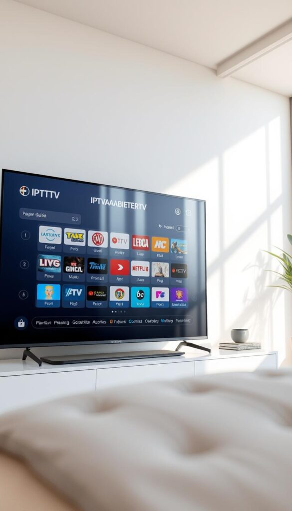 A high-quality, realistic digital program guide for IPTV Deutschland, featuring a clean user interface with a grid layout, channel logos, and detailed program information. The interface is displayed on a large, modern flat-screen TV against a bright, minimalist background, with the IPTVANBIETERTV brand prominently featured. The lighting is soft and natural, creating a calming, inviting atmosphere. The perspective is slightly angled to showcase the TV screen and provide a sense of depth. The overall impression is of a sophisticated, user-friendly digital TV experience.