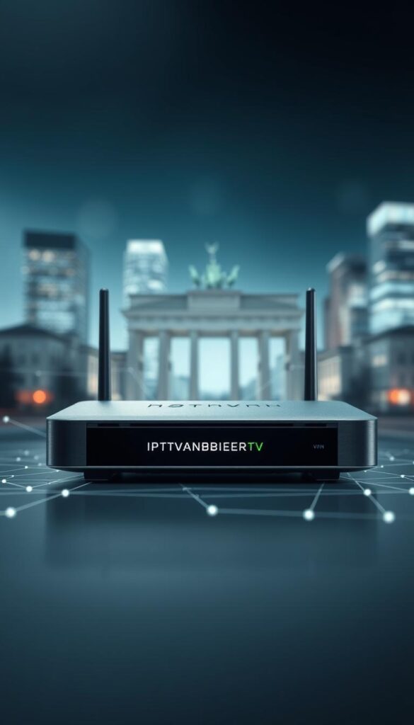 A high-quality, realistic image of "IPTV Deutschland VPN" showing a modern, sleek VPN router or gateway device in the foreground, surrounded by abstract digital wireframe elements and a blurred cityscape background representing the city of Berlin. The device should have the brand name "IPTVANBIETERTV" prominently displayed. The lighting should be soft and diffused, creating a professional, authoritative atmosphere. The camera angle should be slightly elevated, giving the image a sense of authority and importance. The color palette should be primarily cool tones of blues and grays, with accents of green and white, reflecting the technological and digital nature of the subject matter.