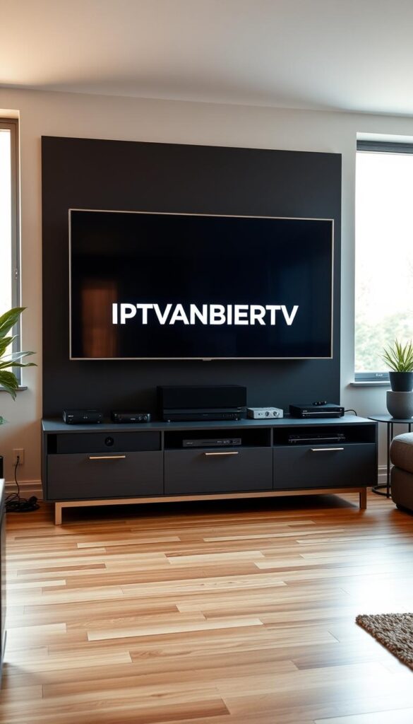 A high-quality, realistic image of "IPTV Deutschland" showcasing a modern living room setup with a large, flat-screen TV displaying the IPTVANBIETERTV brand name. The TV is mounted on a sleek, minimalist wall unit, with various streaming devices and cables neatly organized. The room has warm, natural lighting filtering in through large windows, creating a cozy and inviting atmosphere. The floor is a polished hardwood, and the walls are a neutral, calming color. The overall scene conveys the comfort and convenience of IPTV technology in a German household.