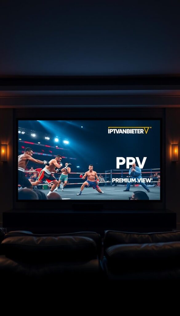 A high-quality, realistic image of a large screen displaying a variety of live pay-per-view (PPV) events, including boxing, wrestling, and MMA fights. The screen is set against a dimly lit, modern living room or home theater setting, with plush leather seating and subtle ambient lighting. The IPTVANBIETERTV logo is prominently displayed in the corner of the screen, indicating the provider of these premium PPV events. The overall atmosphere conveys a sense of excitement and anticipation for the upcoming PPV spectacle.