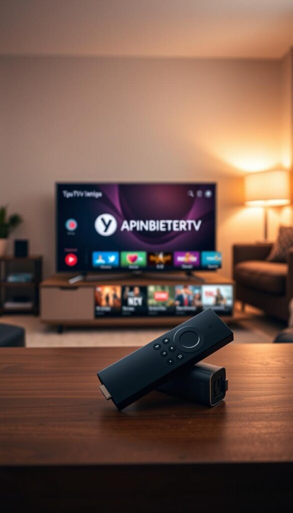 A high-quality, realistic image of a modern IPTV app interface displayed on a Firestick device. The app logo prominently features the brand name "IPTVANBIETERTV" in a sleek, minimalist design. The interface showcases a clean, user-friendly layout with intuitive navigation menus, crisp HD video thumbnails, and a focus on ease of access to live TV channels and on-demand content. The device is situated in a cozy, well-lit living room setting, capturing the atmosphere of a comfortable home entertainment system. Subtle warm lighting and muted colors create a welcoming, inviting ambiance, highlighting the Firestick's integration into a modern, technology-driven home environment.