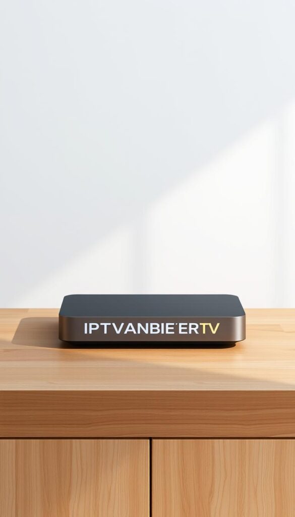 A high-quality, realistic image of a modern, sleek IPTV set-top box or media streaming device with the brand name "IPTVANBIETERTV" prominently displayed on the front panel. The device is positioned on a minimalist, wood-grain surface, with a simple, minimalist background that emphasizes the product. The lighting is soft and natural, highlighting the device's clean lines and premium materials. The overall composition conveys a sense of quality, professionalism, and reliability, reflecting the brand's reputation as the best IPTV provider in Germany for sports channels.