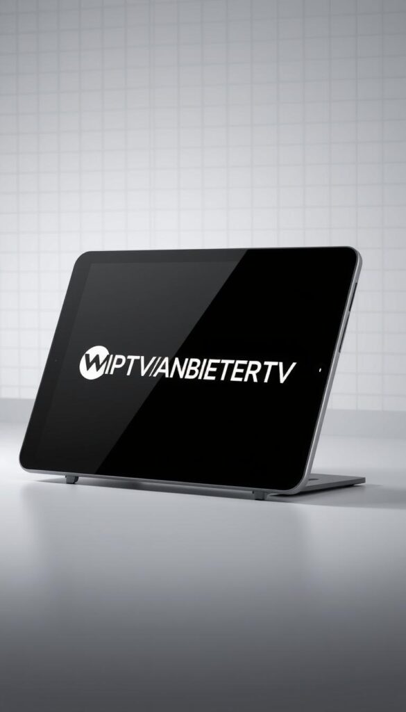 A high-quality, realistic image of the IPTVANBIETERTV brand logo prominently displayed on a sleek, modern device such as a tablet or smartphone. The device is set against a minimalist, clean background, with subtle grid-like patterns or textures that evoke a sense of technological sophistication. The lighting is soft and directional, creating subtle shadows and highlights that accentuate the device's design and the brand's logo. The overall composition should convey a sense of trust, reliability, and the premium quality of the IPTVANBIETERTV service.