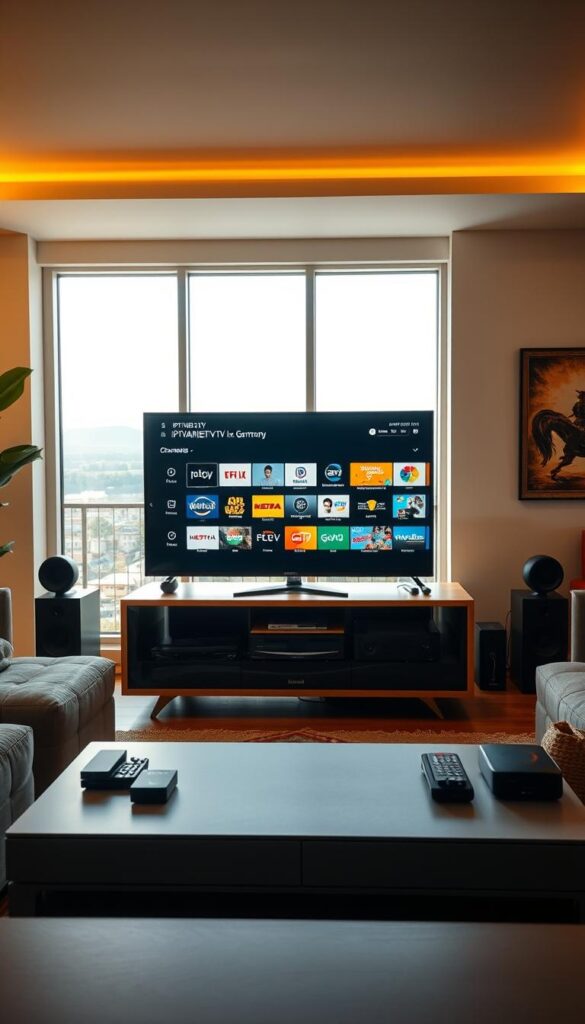 A high-quality, realistic interior shot of a modern living room featuring a large flat-screen television displaying a variety of IPTV channels from Germany. The room is bathed in warm, natural lighting, with a cozy, inviting atmosphere. In the foreground, a sleek, minimalist entertainment console prominently features the IPTVANBIETERTV branding. Surrounding the television, various electronic devices and remote controls suggest the seamless integration of IPTV technology into the home environment. The middle ground showcases tasteful, contemporary furnishings, while the background reveals a glimpse of a scenic outdoor view through large windows, creating a sense of balance and tranquility. The overall composition should convey the revolutionary impact of IPTV on the home entertainment experience.