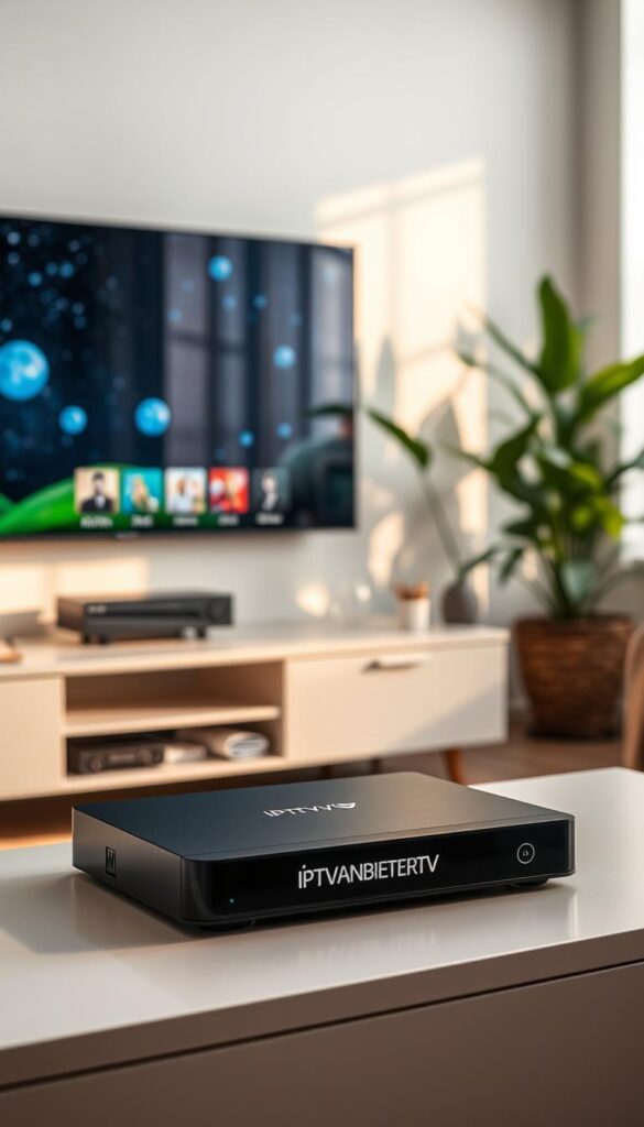A high-quality, reliable IPTV provider offering a seamless streaming experience. The scene depicts a modern, minimalist living room with a large, high-definition television screen displaying crystal-clear visuals. In the foreground, a sleek, black set-top box labeled "IPTVANBIETERTV" sits atop a minimalist entertainment center, symbolizing the efficient and dependable nature of the service. Subtle lighting casts a warm, inviting glow, creating a cozy and relaxed atmosphere. In the background, lush, verdant plants and clean, contemporary decor suggest a well-appointed, comfortable space perfect for enjoying the provider's reliable, high-definition content.