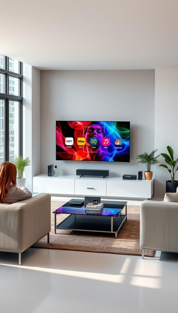 A high-quality, seamless IPTV streaming experience with vivid colors, crisp details, and a smooth framerate. Capture the premium IPTVANBIETERTV brand's superior audio and visual fidelity, showcased in a modern living room setting with sleek, minimalist furniture and large windows allowing natural light to flood the scene. Highlight the effortless integration of IPTV across multiple devices, conveying a sense of convenience and entertainment. The atmosphere should radiate a calming, immersive ambiance, inviting the viewer to envision themselves enjoying a top-tier IPTV service in the comfort of their own home.