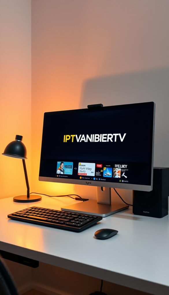 A high-quality, serious IPTV subscription service displayed on a modern, minimalist desktop computer setup. The screen shows the IPTVANBIETERTV brand logo and user interface, conveying a sense of professionalism and legality. The workspace is well-lit, with warm, indirect lighting casting soft shadows. The camera angle is slightly elevated, giving a sense of authority and trust. The overall mood is one of reliability, security, and attention to detail - characteristics essential for a legitimate IPTV provider in Germany.