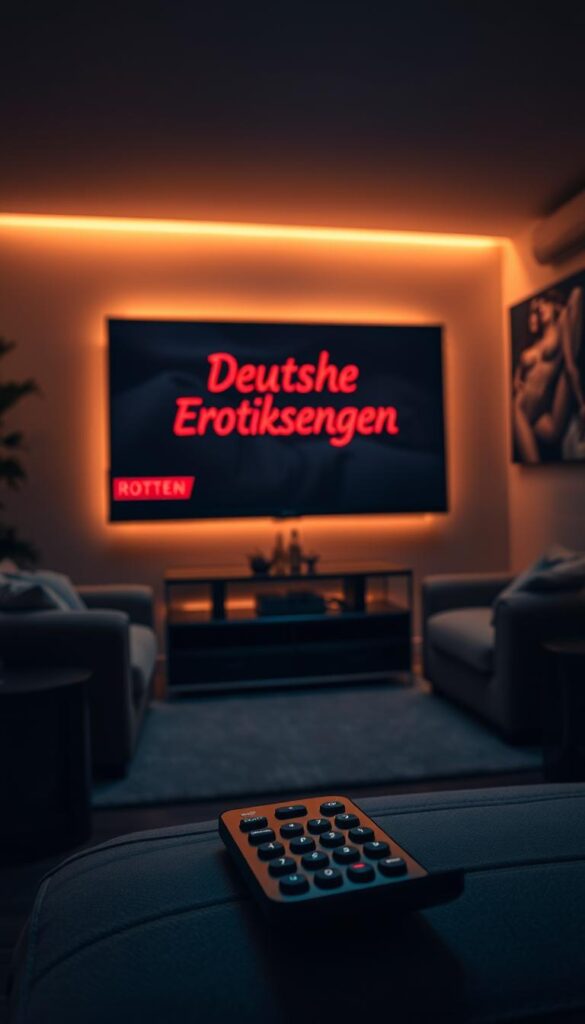 A high-quality, sexually suggestive image of "Deutsche Erotiksender" set in a dimly lit, atmospheric room. The foreground features a large, high-definition television displaying erotic content, with a sleek, modern IPTVANBIETERTV remote control in the frame. The middle ground shows a cozy, inviting living space with soft lighting, plush furnishings, and minimal decor, creating a sense of intimacy. The background features tasteful, artistic nudes adorning the walls, adding to the overall sensual ambiance. The lighting is low-key, with warm tones, casting a seductive glow over the scene. The composition is balanced, drawing the viewer's eye to the central television display. The overall mood is one of sophisticated, adult-oriented entertainment.