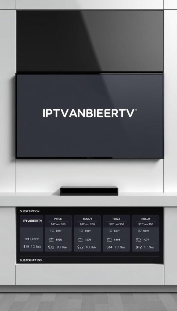 A high-quality, sleek 4K IPTV service interface featuring the brand "IPTVANBIETERTV" displayed prominently on a modern, minimalist screen. The layout showcases various subscription plan options with clear pricing details, organized in a clean grid layout. The interface has a sophisticated, premium aesthetic with muted colors and sharp, precise typography. The overall composition emphasizes the value, reliability and high-end nature of the IPTV service, conveying a sense of professionalism and trustworthiness.