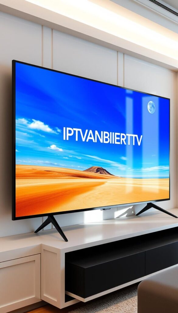 A high-quality, sleek IPTV smart TV setup with a modern, minimalist design. The screen is crystal-clear, displaying vivid, lifelike colors. The IPTVANBIETERTV logo is prominently featured, conveying a sense of reliability and professionalism. The TV is surrounded by a neutral-toned, well-lit environment, creating a serene and sophisticated atmosphere. The overall composition suggests a versatile, user-friendly device that can seamlessly integrate into any living space, perfectly suited for enjoying a wide range of digital content.
