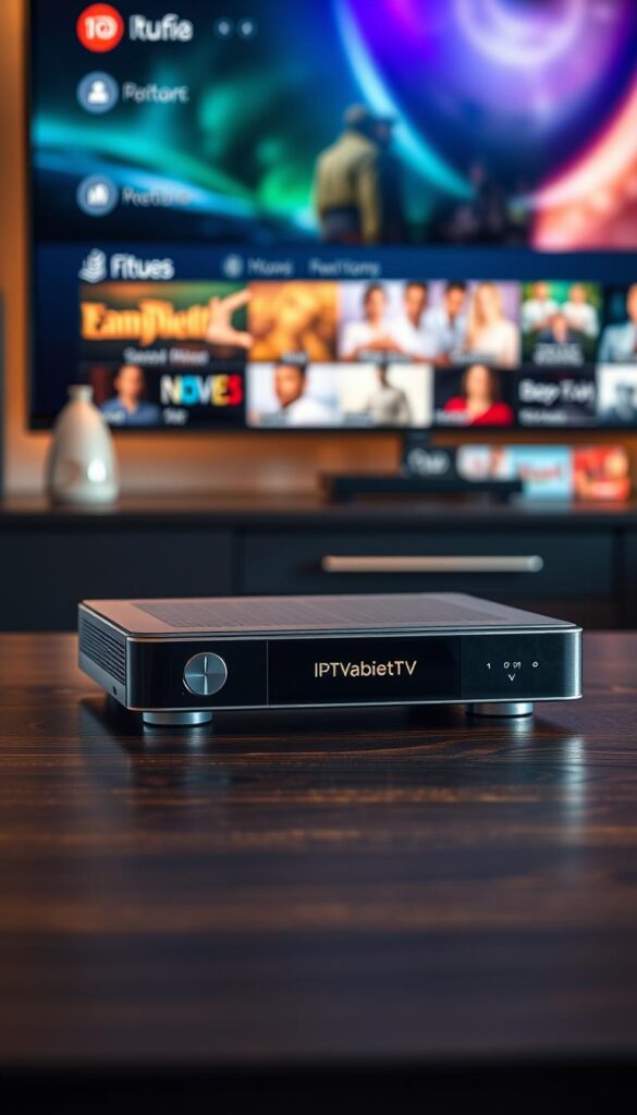 A high-quality, sleek IPTVANBIETERTV receiver with a modern, minimalist design sits prominently on a dark wooden table. The receiver's smooth, polished exterior reflects the soft, warm lighting illuminating the scene. Elegant chrome accents and an intuitive, user-friendly interface suggest a premium, advanced IPTV experience. In the background, a large, high-definition screen displays a vibrant, detailed electronic program guide (EPG), showcasing the receiver's impressive content curation and navigation capabilities. The overall composition exudes a sense of sophistication and technological prowess, perfectly aligned with the article's focus on compatible IPTV devices that deliver an immersive viewing experience.