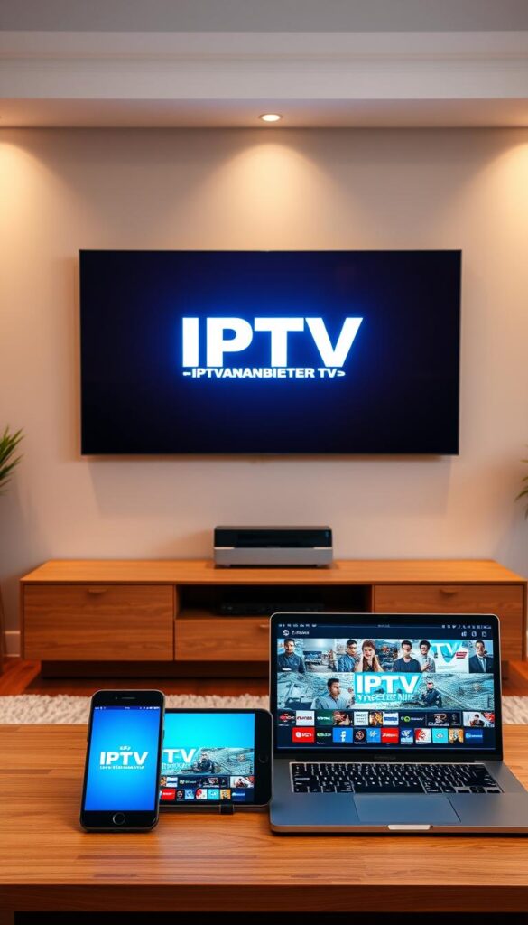 A high-quality, sleek, and modern-looking living room with a large wall-mounted TV displaying various IPTV content on different devices - a smartphone, a tablet, and a laptop. The room is bathed in warm, soft lighting, creating a cozy and inviting atmosphere. The IPTVANBIETERTV logo is prominently displayed on the TV screen, indicating the IPTV service being used. The devices are arranged neatly on a minimalist wooden entertainment center, showcasing the versatility of IPTV across multiple platforms.