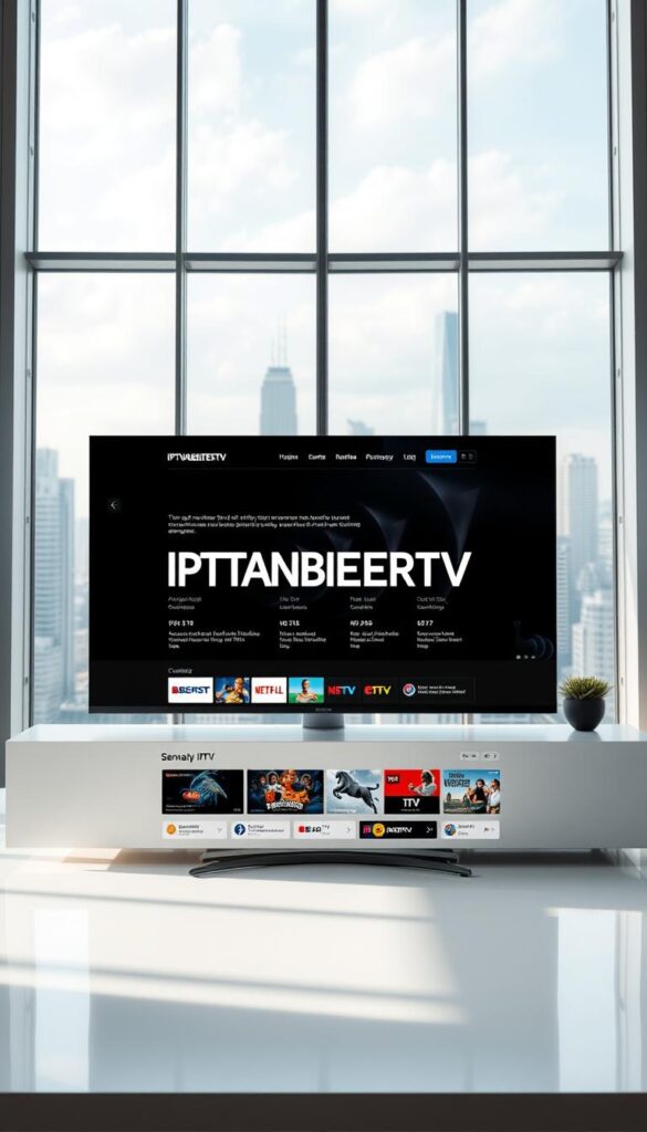 A high-quality, sleek and modern website interface for the IPTVANBIETERTV brand, showcasing various IPTV service plans and packages available in Germany. The website is displayed on a large, high-resolution monitor, with a minimalist and professional design. The foreground features the IPTVANBIETERTV logo prominently displayed, along with key details about the IPTV offerings such as channel lineups, pricing, and device compatibility. The middle ground shows the main website content, including crisp imagery of various German TV channels and streamlined navigation menus. The background depicts a clean, futuristic office setting with floor-to-ceiling windows overlooking the city skyline, conveying a sense of sophistication and authority in the IPTV industry.