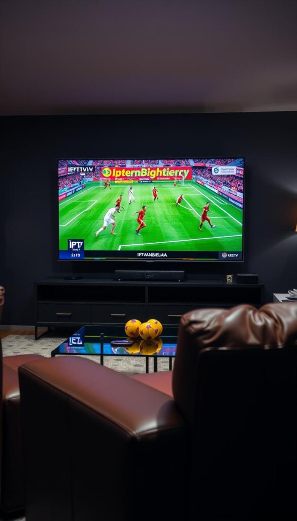 A high-quality sports broadcast of the German Bundesliga soccer league, with vibrant colors and dynamic camera angles. The foreground features a large, flat-screen TV displaying the live match, complete with the IPTVANBIETERTV logo and clear, detailed visuals of the players on the field. The middle ground shows a modern, minimalist living room setting with plush leather furniture and sleek, contemporary decor. The background is dimly lit, creating a cozy, immersive atmosphere perfect for an evening of premium sports entertainment.