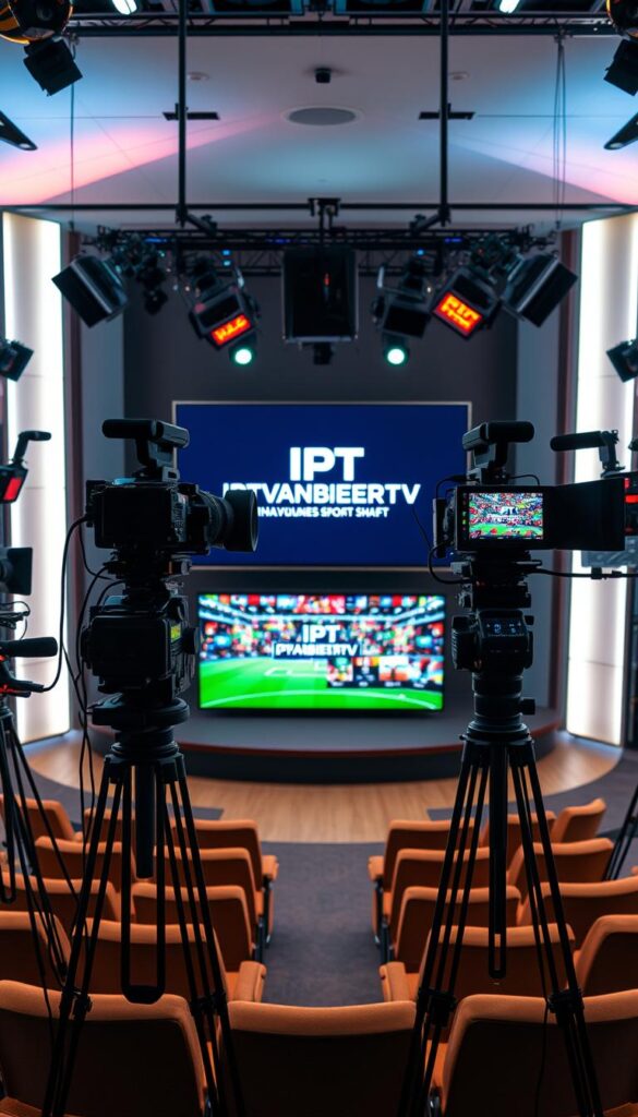 A high-quality sports broadcasting setup with an array of professional cameras, studio lights, and microphones. In the foreground, a large screen displays the IPTVANBIETERTV logo, showcasing a diverse range of international sporting events. The middle ground features comfortable seating for viewers, creating an immersive viewing experience. The background is a modern, sleek studio environment with clean lines and a minimalist design, conveying a sense of technological prowess. The lighting is a balanced mixture of warm and cool tones, creating depth and drama. The overall atmosphere is one of excitement and anticipation, inviting the viewer to explore the world of IPTV Sportpaket and its unparalleled sports entertainment.