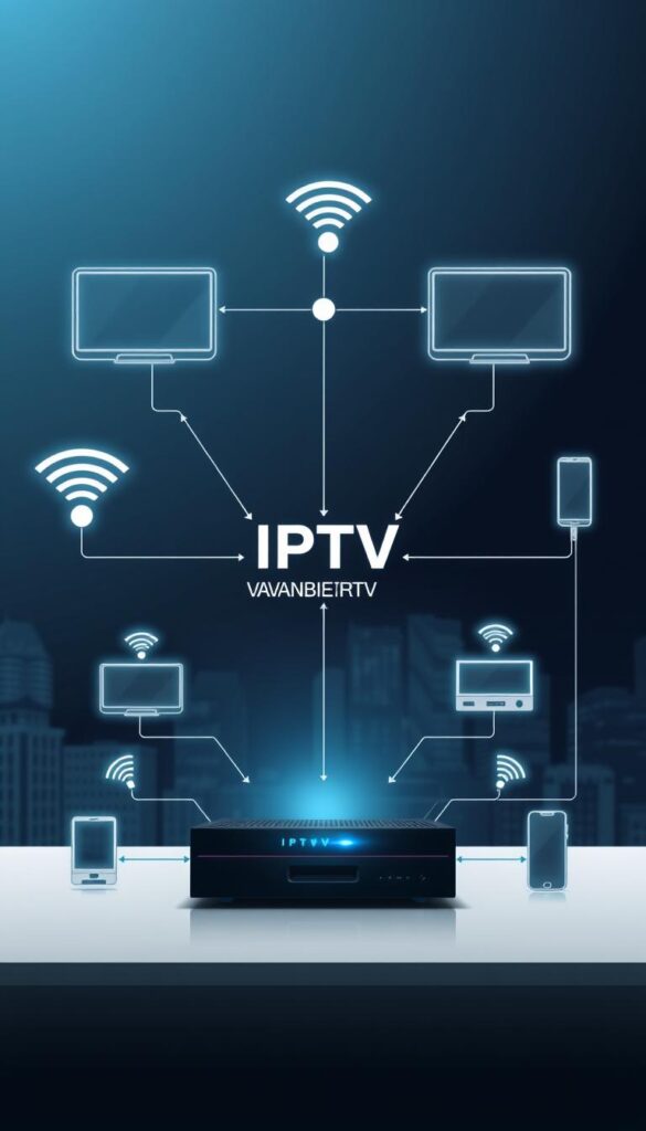 A high-quality, technical diagram showcasing the IPTV Technologie. The image depicts a sleek, modern digital network infrastructure with clean lines and a minimalist aesthetic. In the foreground, a central server node representing the IPTVANBIETERTV service, surrounded by various devices like smart TVs, set-top boxes, and mobile phones, all connected via WIFI and Ethernet cables. In the middle ground, data transmission protocols and signal pathways are visualized using clean geometric shapes and dynamic motion blur effects, conveying the speed and efficiency of the IPTV system. The background features a subtle, gradient-based cityscape, hinting at the urban connectivity and accessibility of the IPTV Technologie. The overall tone is one of sophistication, innovation, and technological prowess.