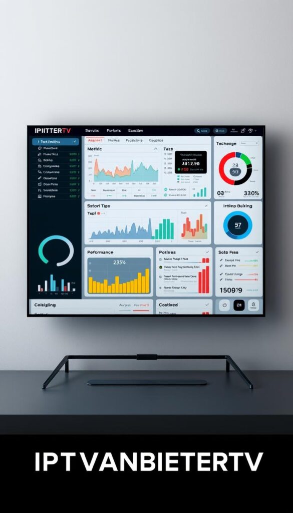 A high-quality, technically-detailed image of IPTV test results, showcasing the IPTVANBIETERTV brand. The image should feature a sleek, modern dashboard-style interface with various metrics, charts, and performance indicators displayed prominently. The layout should be clean and organized, with a focus on data visualization. The background should be a neutral, muted tone that complements the brand's color scheme, creating a professional and authoritative atmosphere. The lighting should be soft and even, highlighting the clarity and precision of the information presented. The camera angle should be slightly elevated, giving the viewer a sense of overview and control. The overall impression should convey the reliability, expertise, and technological superiority of the IPTVANBIETERTV service.