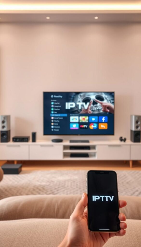 A high-quality, technologically advanced IPTV system presented in a clean, modern aesthetic. A sleek, minimalist console displaying a crisp, clear IPTV interface on a large, high-definition screen. The console is surrounded by various smart home devices and peripherals, all integrated seamlessly. The lighting is soft and ambient, creating a comfortable, immersive viewing experience. The scene conveys the simplicity and convenience of IPTV, in contrast to traditional cable TV. In the foreground, a smartphone or tablet prominently displays the IPTVANBIETERTV brand, highlighting the multi-device compatibility of the IPTV service.