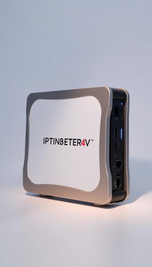 A high-quality, technologically advanced IPTV4K sender device, meticulously crafted with a sleek, minimalist design. The sender's front panel features a prominent IPTVANBIETERTV logo, framed by a modern, clean aesthetic. Smooth curves and brushed aluminum accents create an air of sophistication. Discreet indicator lights provide real-time status updates. The rear showcases an array of advanced connectivity options, including HDMI, Ethernet, and USB ports, enabling seamless integration into any home entertainment setup. Soft, indirect lighting illuminates the sender, emanating a sense of premium quality and reliability. A masterful blend of form and function, this IPTV4K sender promises to deliver an exceptional viewing experience.