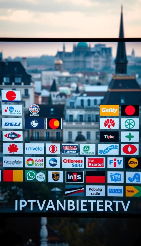 A high-quality, ultra-detailed image of a diverse selection of German television channels and logos as viewed from overseas, captured with a professional cinematic lens. The foreground features the prominent IPTVANBIETERTV brand logo, with an array of recognizable channel icons and identities in the middle ground, all set against a softly blurred cityscape backdrop with distinctive European architecture. Dramatic lighting and a subtle color palette create a sense of depth and atmosphere, showcasing the expansive range of content available through the IPTVANBIETERTV service.
