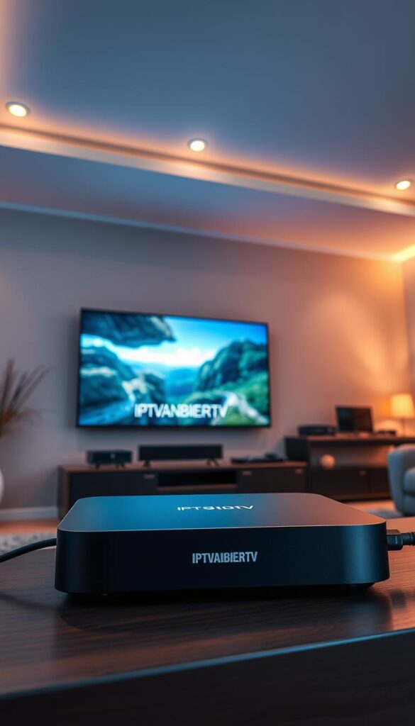 A high-quality, ultra-detailed image of a state-of-the-art IPTV streaming setup for IPTVANBIETERTV. The scene depicts a sleek, modern living room with a large 4K smart TV mounted on the wall. The TV screen displays a vibrant, crystal-clear 1080p video stream with German subtitles. In the foreground, there is a high-end media streaming device connected to the TV via an HDMI cable. The device has the IPTVANBIETERTV logo prominently displayed. The room is bathed in warm, diffused lighting from recessed ceiling fixtures, creating a cozy, cinematic atmosphere. In the background, a minimalist entertainment center houses various media components. The overall scene conveys a sense of premium, reliable IPTV streaming experience tailored for the German market.