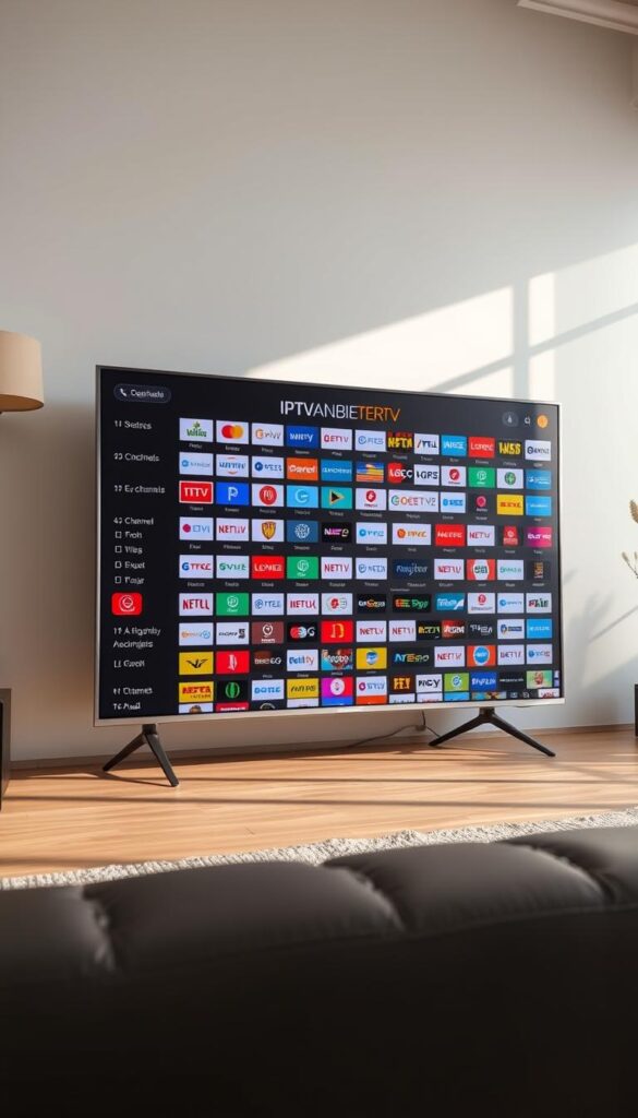 A high-quality, ultra-detailed image of an extensive IPTV channel list displayed on a modern, sleek Android TV interface. The screen features a clean, organized grid layout showcasing hundreds of national and international channels, including news, sports, movies, and entertainment. The user interface prominently displays the brand name "IPTVANBIETERTV" in a bold, eye-catching font. The scene is illuminated by soft, natural lighting creating a warm, inviting atmosphere. Camera angle is slightly elevated to provide a comprehensive overview of the channel selection. The overall visual style is minimal, sophisticated, and designed to showcase the breadth of content available through the IPTV service.