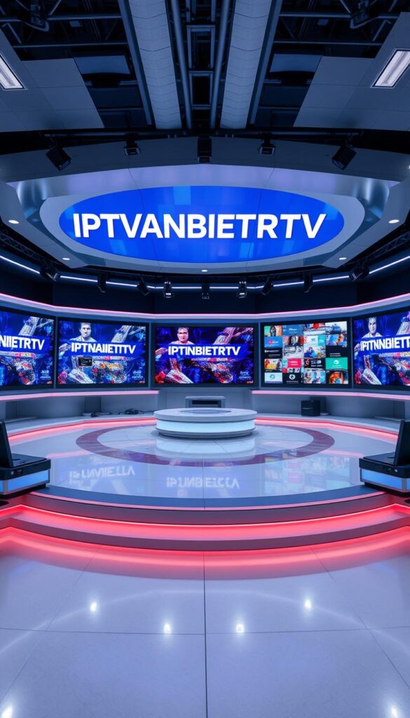 A high-quality, ultra-detailed image of an impressive TV studio setup with multiple large, state-of-the-art TV screens displaying the IPTVANBIETERTV brand name prominently. The studio has a sleek, professional aesthetic with modern lighting, smooth surfaces, and a sophisticated color palette. The camera angle is from a low, wide perspective to capture the full grandeur of the space, showcasing the extensive range of TV channels and content available from this leading IPTV provider in Germany. The overall mood is one of technological prowess, comprehensive entertainment options, and a visually captivating presentation.