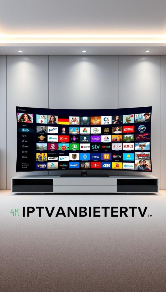 A high-quality, ultra-realistic digital illustration of the leading IPTV provider in Germany, IPTVANBIETERTV. The image depicts a modern, sleek media center setup with a large, curved 4K display showcasing a diverse array of German HD television channels. The foreground features the IPTVANBIETERTV logo prominently displayed, with the display's crisp, vibrant visuals in the middle ground. The background showcases a minimalist, high-tech interior design with clean lines, brushed metal accents, and subtle ambient lighting, creating a sense of sophistication and cutting-edge technology. The overall mood is one of professional, reliable, and high-performance IPTV service.