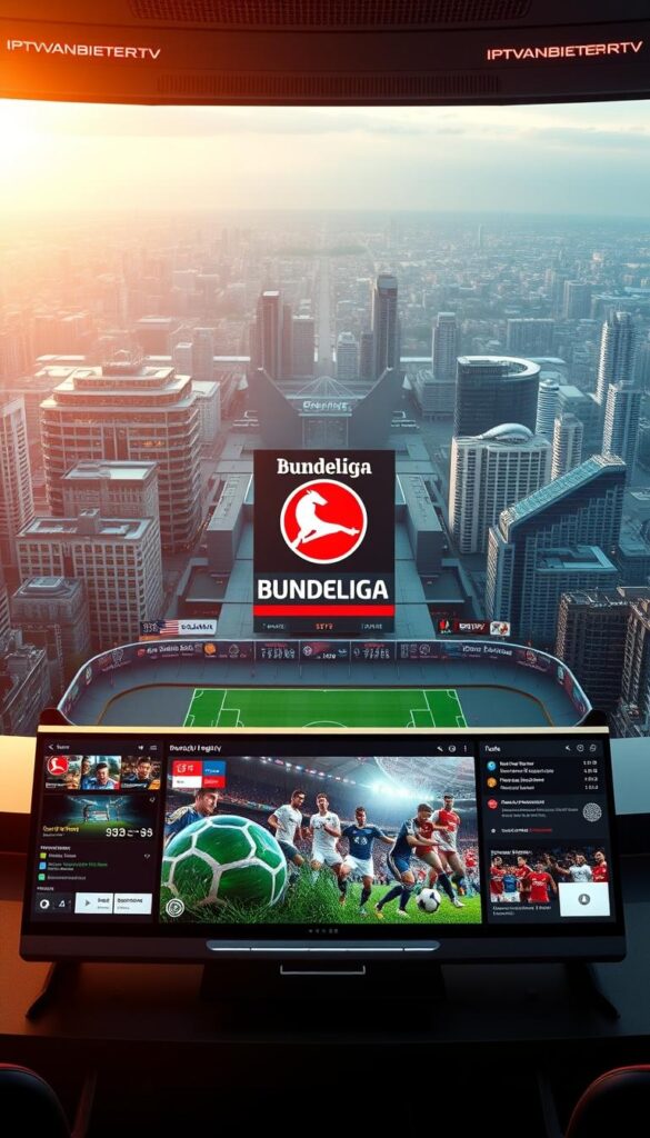 A high-quality, ultra-realistic digital rendering of a futuristic IPTV streaming service for the Bundesliga football league. In the foreground, a sleek, minimalist interface showcases live game footage, player stats, and customizable viewing options. The middle ground features a vibrant 3D representation of the Bundesliga logo, surrounded by dynamic visual elements that convey the energy and excitement of the sport. In the background, a panoramic cityscape depicts the modern, tech-savvy cityscape of Germany, with the IPTVANBIETERTV brand prominently displayed. The image is bathed in a warm, cinematic lighting that creates a sense of immersion and technological prowess, reflecting the cutting-edge nature of IPTV as the future of Bundesliga viewing.