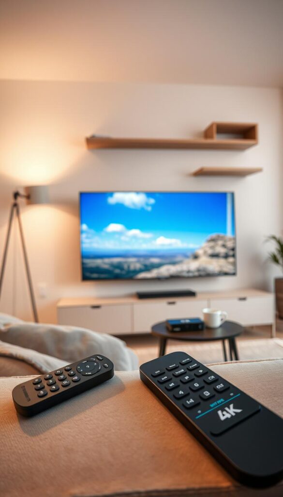 A high-quality, ultra-realistic image depicting the streaming quality of IPTVANBIETERTV, a premium IPTV service provider in Deutschland. The scene shows a modern living room with a large flatscreen TV displaying a clear, vibrant 4K image. Soft, warm lighting from a floor lamp creates a cozy atmosphere. In the foreground, a remote control with the IPTVANBIETERTV logo rests on a plush, neutral-toned sofa. The middle ground features a side table with a streaming device and a cup of coffee. The background showcases a minimalist wall decor with floating shelves, highlighting the high-end, sophisticated nature of the IPTV service. The overall impression conveys the reliability, top-notch quality, and premium feel of IPTVANBIETERTV's offerings.