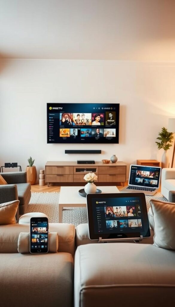 A high-quality, ultra-realistic image of IPTV auf verschiedenen Geräten. The scene depicts a well-lit living room with a modern, minimalist design. In the foreground, a large flatscreen TV displays the IPTVANBIETERTV interface, showcasing a variety of content. Surrounding the TV are various devices - a smartphone, tablet, and laptop - all seamlessly connected and mirroring the IPTV content. The middle ground features tasteful décor and furnishings, creating a cohesive, high-end atmosphere. The background is subtly blurred, emphasizing the focus on the IPTV experience across multiple devices. The lighting is warm and inviting, with a soft, natural glow throughout the scene.